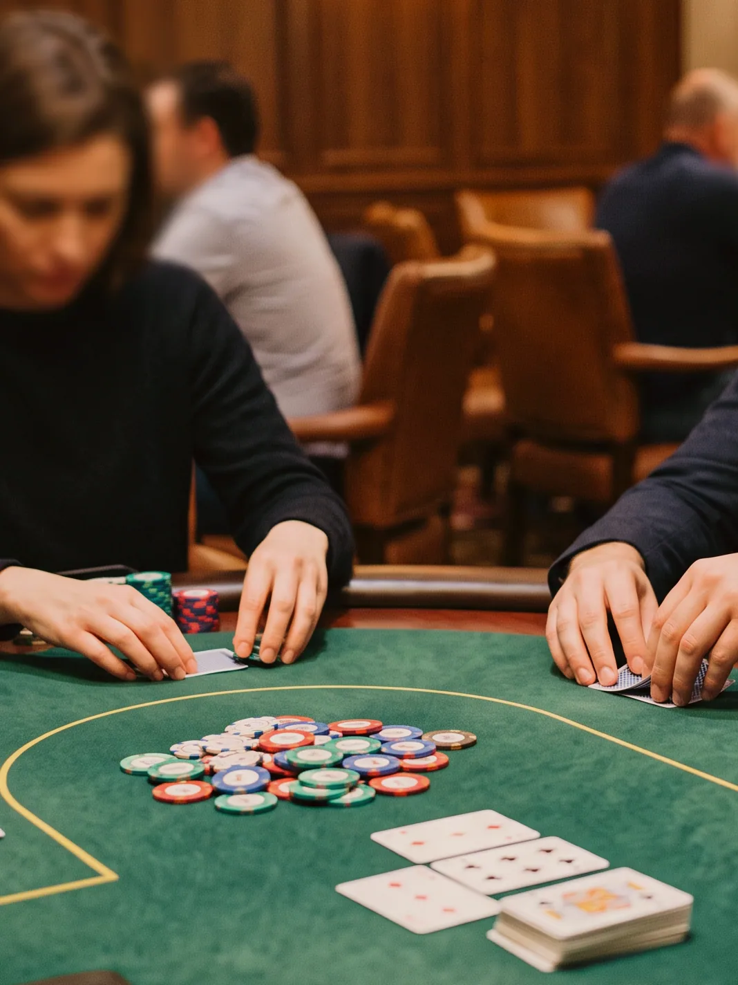 A house dealer fanning a fresh deck across green baize before a hand of five hundred begins.