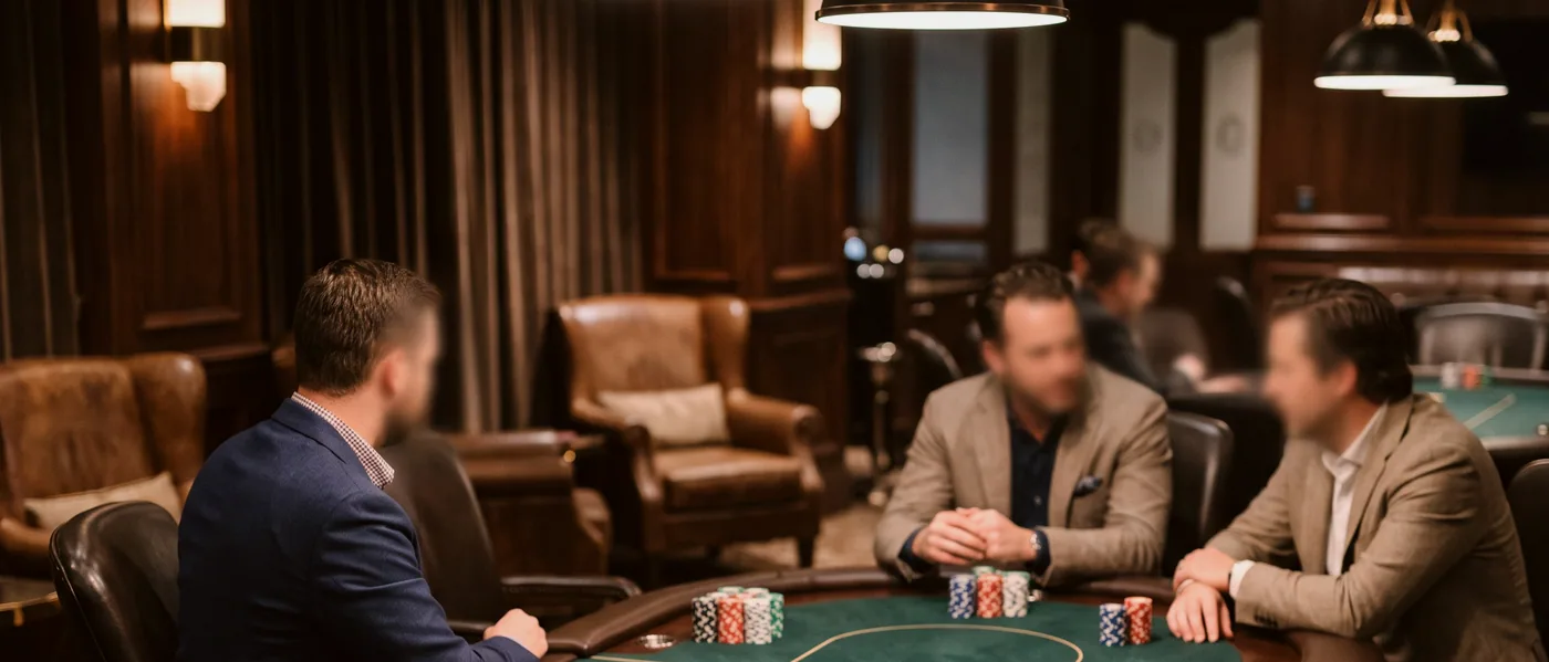A dealer's hand sliding a row of scoring chips across the baize toward a waiting player.